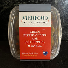Load image into Gallery viewer, Green Pitted Olives with Red Peppers &amp; Garlic 160g
