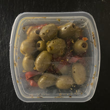 Load image into Gallery viewer, Green Pitted Olives with Red Peppers &amp; Garlic 160g
